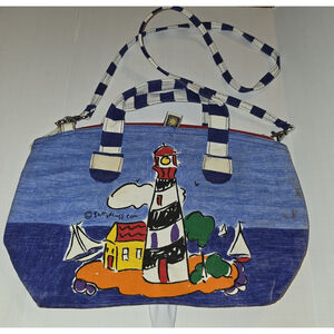 Sally Huss SUNNY THOUGHTS lighthouse Bag Canvas Cotton Sun N Sand Vintage Purse